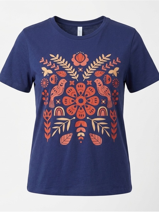 Port and Company Tops - Port & Company Women’s XXL Blue Folk Art Birds Floral Graphic T Shirt
